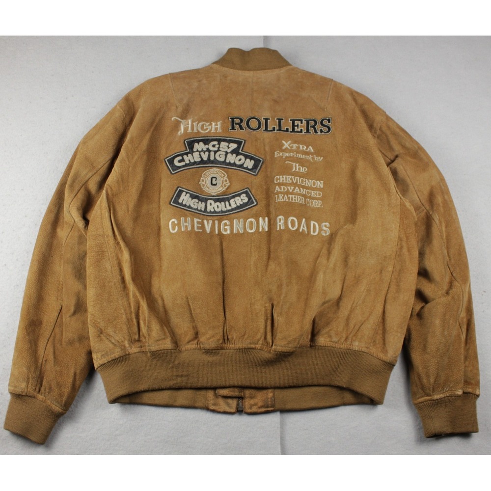 Vintage Chevignon High Rollers Suede Bomber Jacket Mens Large Tan Brown Leather